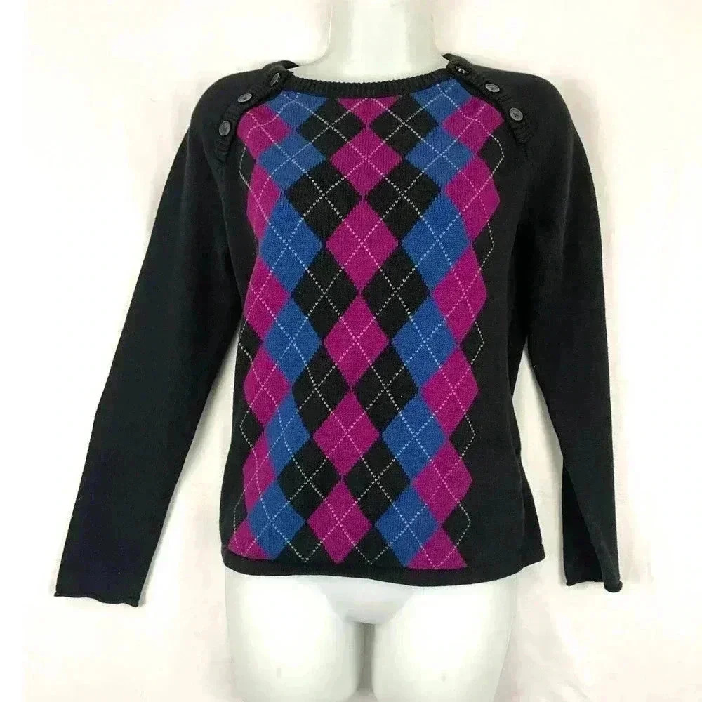 VTG Tommy Hilfiger Knitted Argyle‎ Crewneck Sweater MEDIUM Side Button 90's Y2K